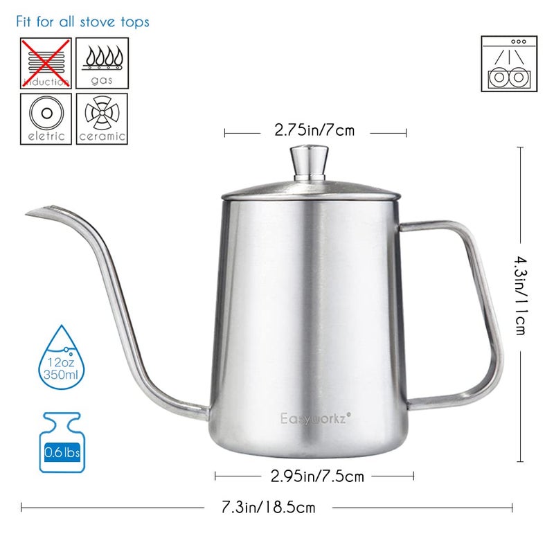 Easyworkz Gage Gooseneck Pour Over Coffee Kettle 12 oz Stainless Steel Hand Drip Long Narrow Spout, Silver - Image 2